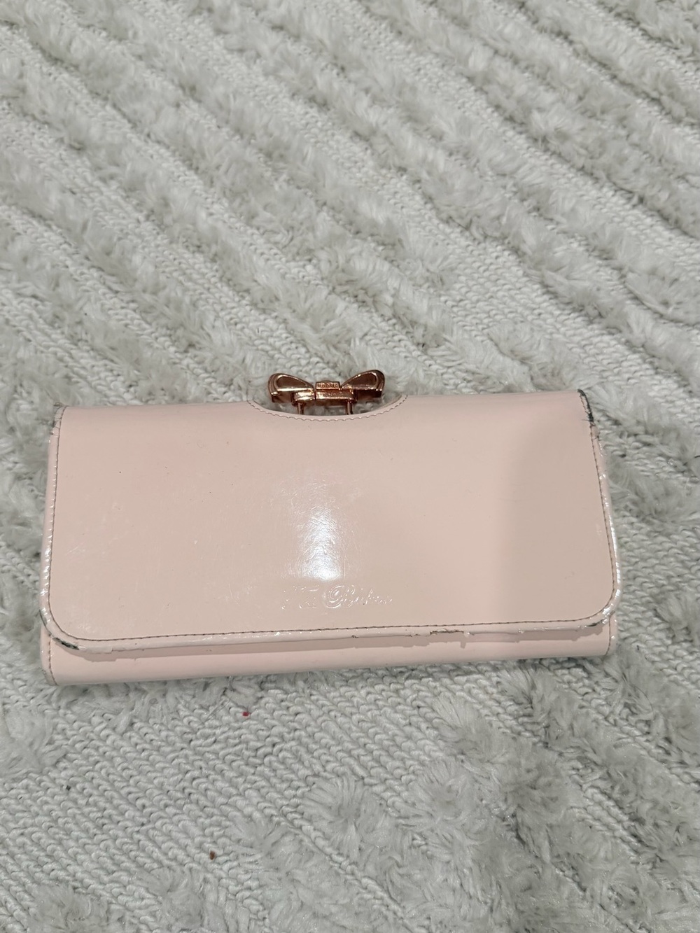 Ted Baker Pale Pink Patent Wallet with Gold Bow Accent